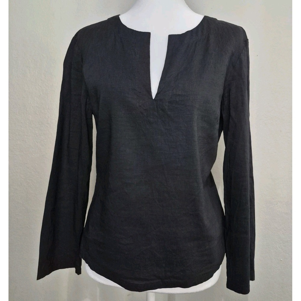 Theory Linen‎ Blend Top Women's Medium Black Popover V-Neck Office Minimalist